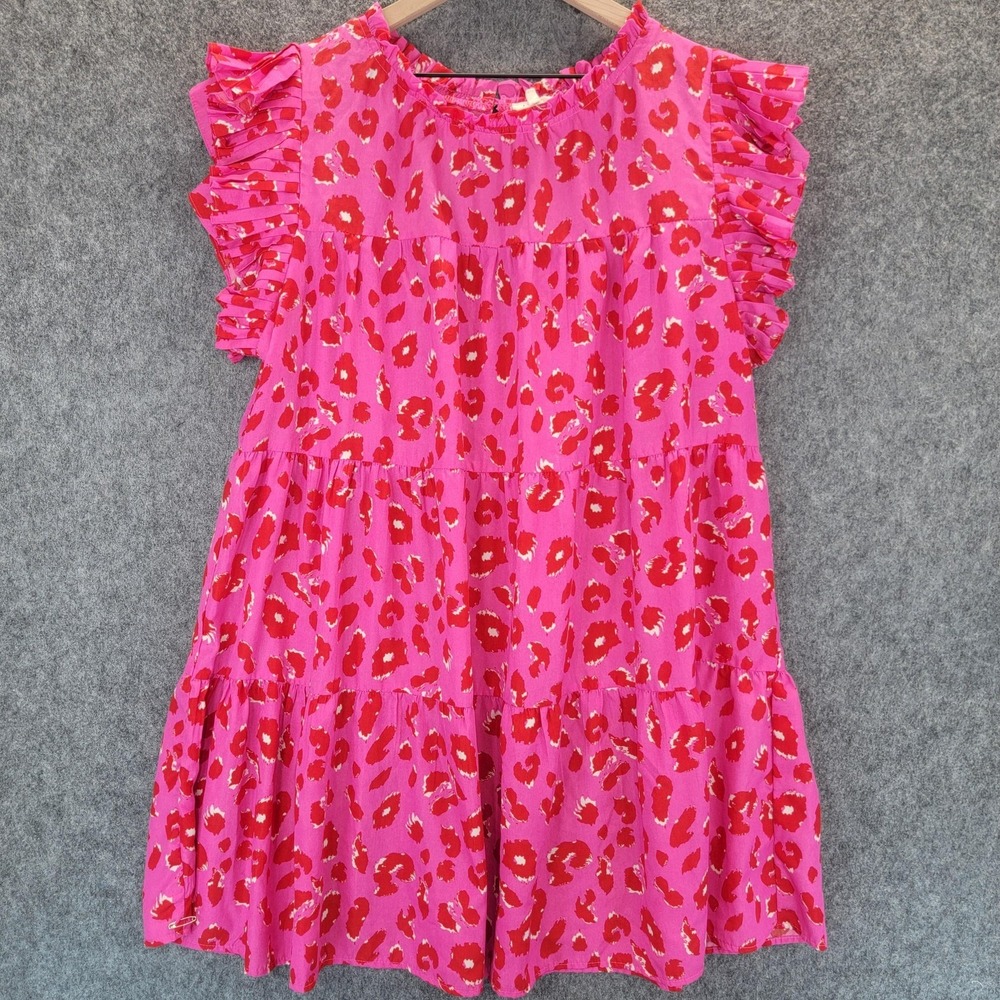 Jodifl Dress Womens 2X Pink Red Animal Print Ruffle Sleeve Tiered Polyester Plus - Picture 2 of 15